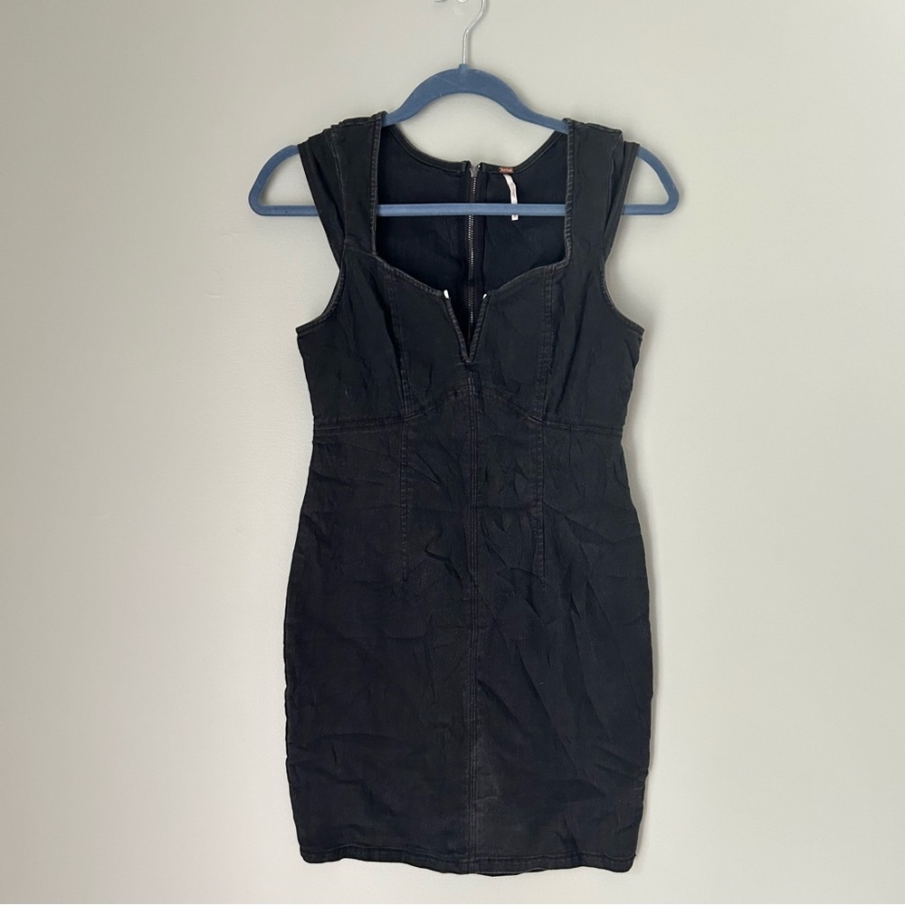Free People Black Denim Dress XS | Back Zipper | Notch Neckline